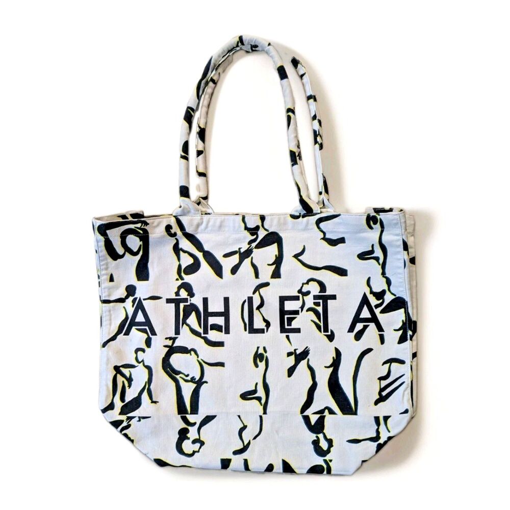 Athleta Large Cotton Canvas Tote Gym Bag White Black Yellow Abstract Yoga Print
